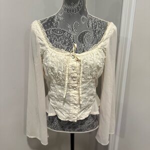 Cedar Sz:L Cream Bodice Peasant Cottagecore Eyelet Top Sheer Bell Sleeves.